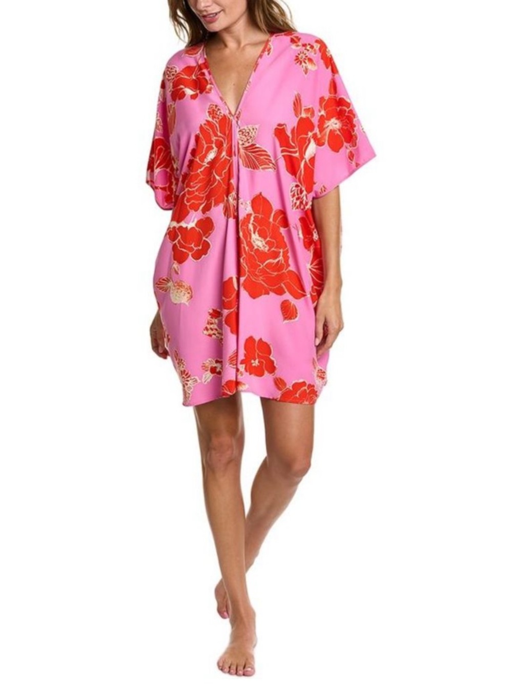Natori Tropical Red Pink Floral V-Neck Swim Cover-Up Tunic Short Caftan M